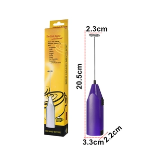 Detail showing dimensions of handheld purple electric milk frother with stainless whisk