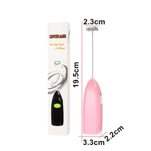 Pink handheld electric milk frother and mixer dimensions with packaging box overview