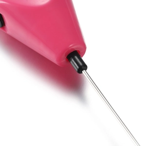 Close-up of the magenta electric resin mixer with a stainless steel mixing needle tip