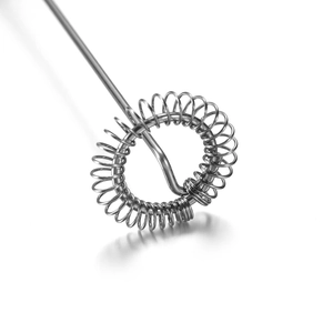Macro shot of stainless steel spring whisk head for handheld electric milk frother