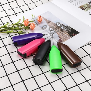 Handheld electric milk frothers in five colors displayed on a checkered background