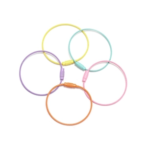Cinq porte-clés colorés en fil d'acier gainé de nylon avec fermoirs à vis sur fond blanc