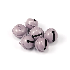 Detail of six lavender purple metal craft bells with top hanging loops for DIY crafts