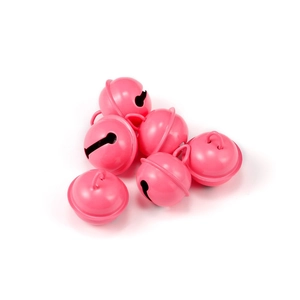Close-up of pink glossy metal bells with top hanging loops for pet collars and DIY crafts