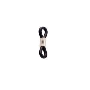 Detail of black rubber eyeglass chain connector with silver metal spring coil