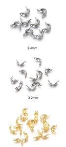 Detailed view of silver and gold stainless steel crimp bead covers in 2.4mm and 3.2mm sizes