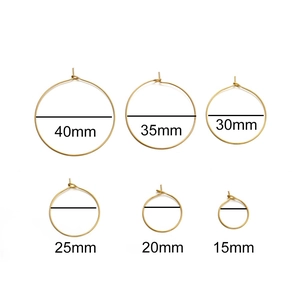 Golden stainless steel hoop earring findings in six sizes from 15mm to 40mm for DIY jewelry