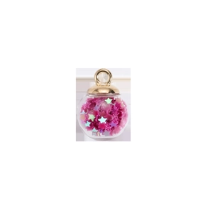 Sparkly pink star sequins inside a transparent glass ball pendant with a gold metal loop