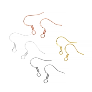 Close-up of S925 sterling silver earring hooks with spring in four metallic finishes