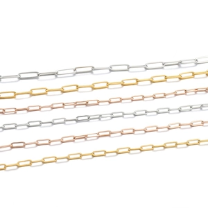Polished stainless steel paperclip chain in gold, silver, and rose gold finishes