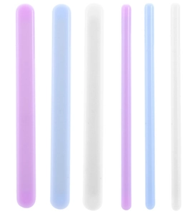 Detailed view of six colorful resin mixing sticks in purple, blue, and white sets