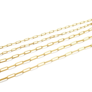 Detailed view of five sizes of polished gold stainless steel paperclip chains for DIY jewelry