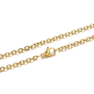 Close-up of golden stainless steel cable chain with secure lobster clasp mechanism
