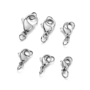 Detailed set of 6 sizes of stainless steel lobster clasps with jump rings in silver finish