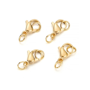 Close-up of four gold stainless steel lobster clasps with polished finish for jewelry making