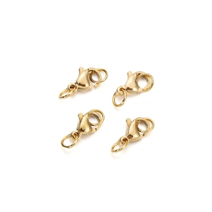 Set of four gold-plated stainless steel lobster clasps with jump rings for jewelry making