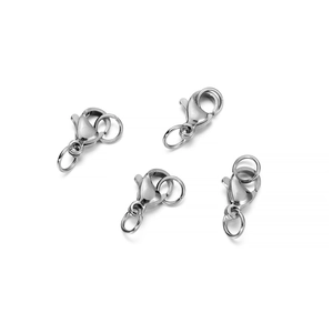Detailed view of four stainless steel lobster clasps with jump rings for jewelry making