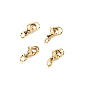 Detailed view of four golden stainless steel lobster clasps with jump rings for DIY jewelry