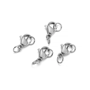 Close-up of four silver stainless steel lobster clasps with jump rings for jewelry making