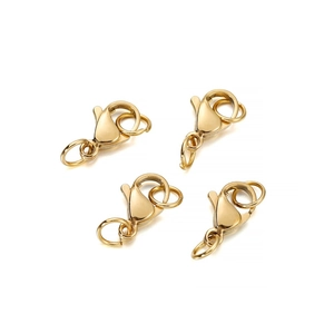 Detail of four golden lobster clasps with jump rings for DIY jewelry making accessories