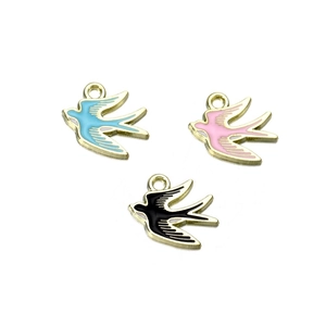 Three colorful enamel swallow pendants in blue, pink, and black for DIY jewelry making