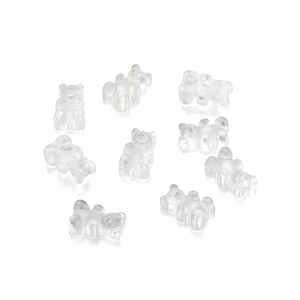 Detailed view of eight semi-transparent resin gummy bear charms on a clean white surface