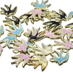 DIY swallow enamel alloy charms with gold trim and radiating metal texture back for jewelry