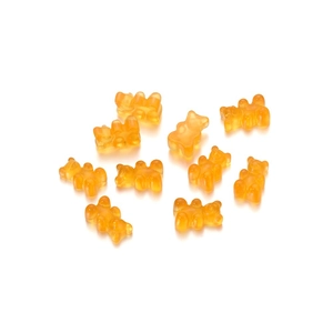 Macro shot of 10 pieces of orange translucent gummy bear resin charms for DIY jewelry making