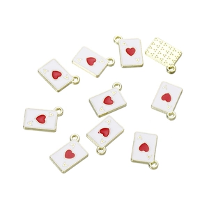 Gouden harten-aas speelkaart hangers met witte emaille afwerking voor sieraden