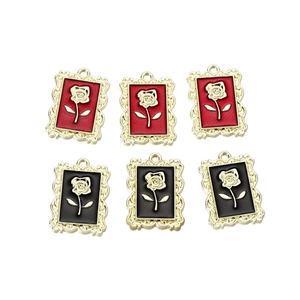 Vintage Alloy Rose Flower Pendant Relief Enamel Drip Oil Rectangle Charms For DIY Necklace Bracelet Keychain Jewelry Making