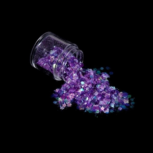 Holographic purple nail art glitter set with mixed size hexagonal and petal sequins