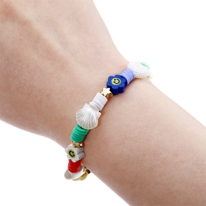 Handmade 6mm colorful polymer clay bead bracelet with shell and smiley face charms