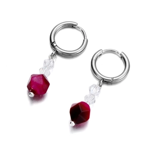 Golden stainless steel hoop earrings with clear crystals and a deep red faceted bead