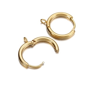 Polished gold stainless steel hoop earrings with eyelets in open and closed views