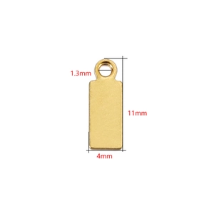 Detail view of 4x11mm golden stainless steel rectangle pendant with dimensions for DIY crafts