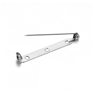 Detail showing three-hole stainless steel brooch pin base with rotating safety clasp