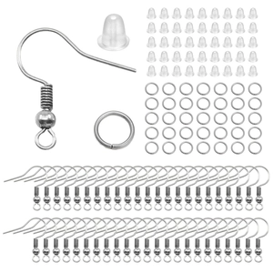 DIY jewelry making kit featuring silver ear hooks, jump rings and clear earring backs set