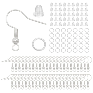 DIY jewelry making kit including silver ear hooks, silicone backs, and 4mm jump rings