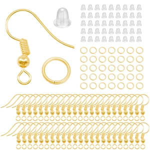Golden DIY earring making kit with metal ear hooks, jump rings and clear silicone backs