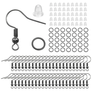 DIY jewelry making kit with black french ear hooks, jump rings and clear silicone backs