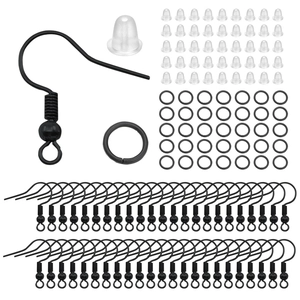 Detailed set of black metal earring hooks, jump rings, and silicone earring backings