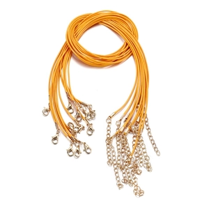 Close-up of 10 orange waxed cord necklaces with golden lobster clasps and chains