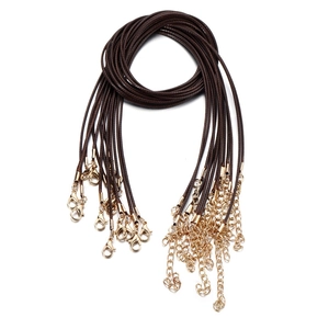 Close-up of brown wax cord necklaces with gold-plated lobster clasps and extension chains