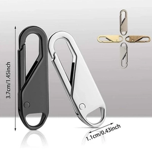 Detailed view of alloy zipper pull replacement in four metallic colors with measurements
