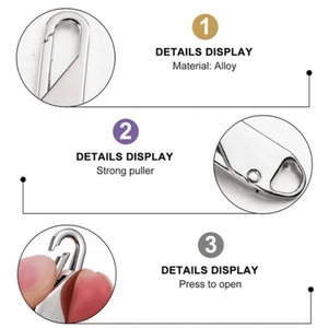 Detail showing high-strength alloy zipper pull with spring-loaded press to open mechanism