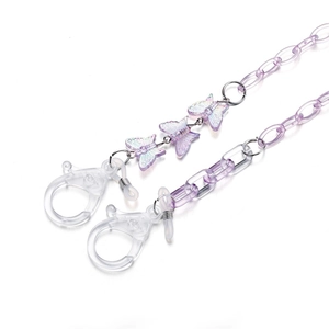 Detail of purple acrylic butterfly glasses chain with large lobster clasps and translucent links