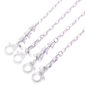 Transparent purple acrylic glasses chain featuring decorative butterfly charms and clips