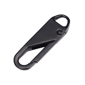 Detail of matte black alloy zipper pull tab with a secure spring clasp mechanism