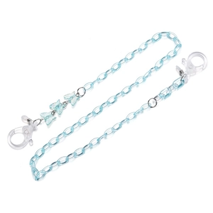 Detail of light blue acrylic eyewear chain featuring gradient butterfly pendants and lobster clasps