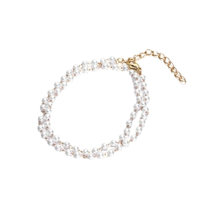 Double-layer white pearl bracelet with gold metal chain and adjustable lobster clasp